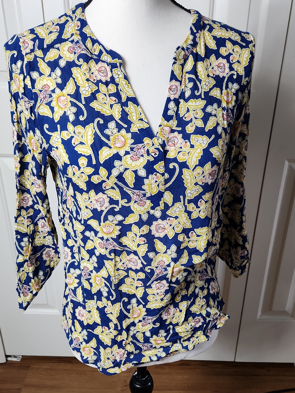 Daniel Rainn Navy Floral V-Neck Blouse with Yellow and Pink Accents